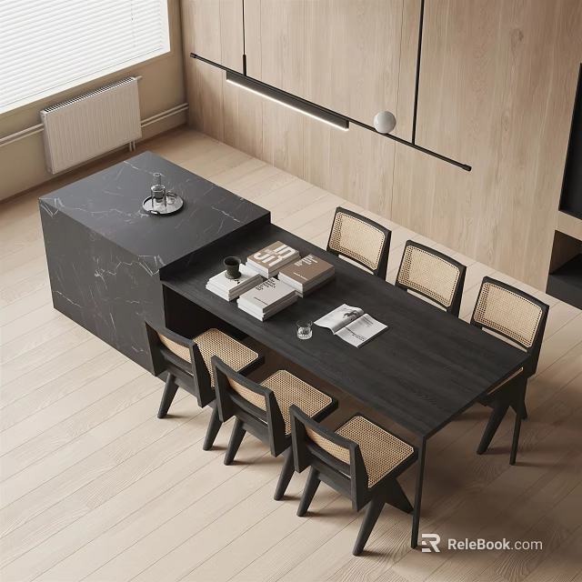 Modern Dining Table Set with Black Marble Top Wicker Chairs and Decorative Books 3d model 