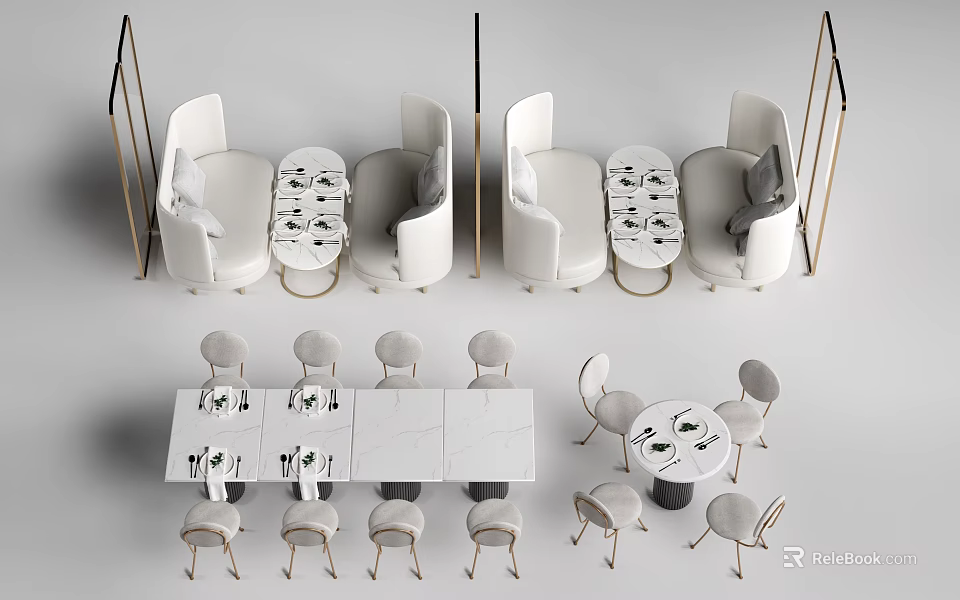 Modern Booth Sofa Set With Round Table And Gray Chairs In Restaurant 3d model 