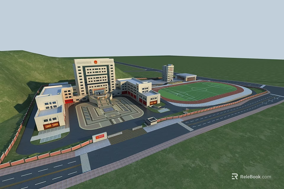 Modern Fire Station Building With Multi Story Structure Square Surrounding Road And Green Area 3d model 