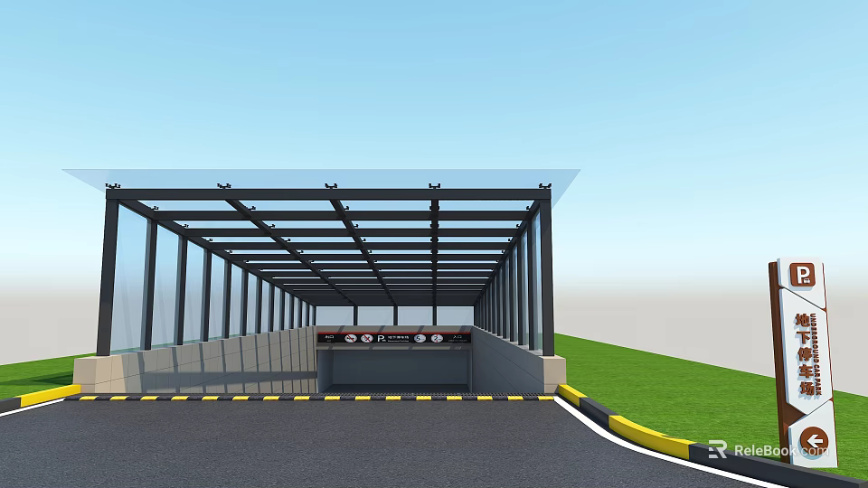 Roadway Facilities With Glass Roof Structure Underground Passage Signs And Green Grass 3d model 