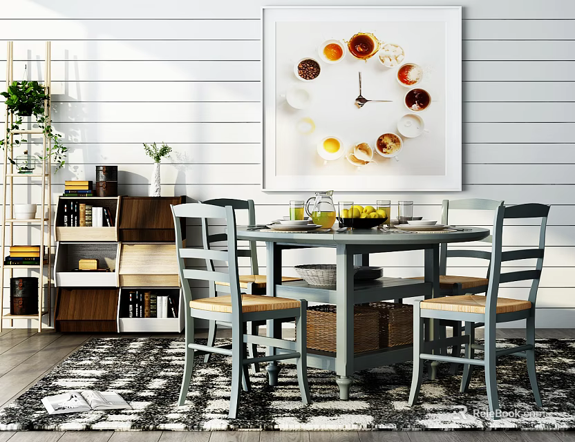 Dining Table Set With Gray Chairs Circular Wall Art Bookshelf Plant And Patterned Rug 3d model 