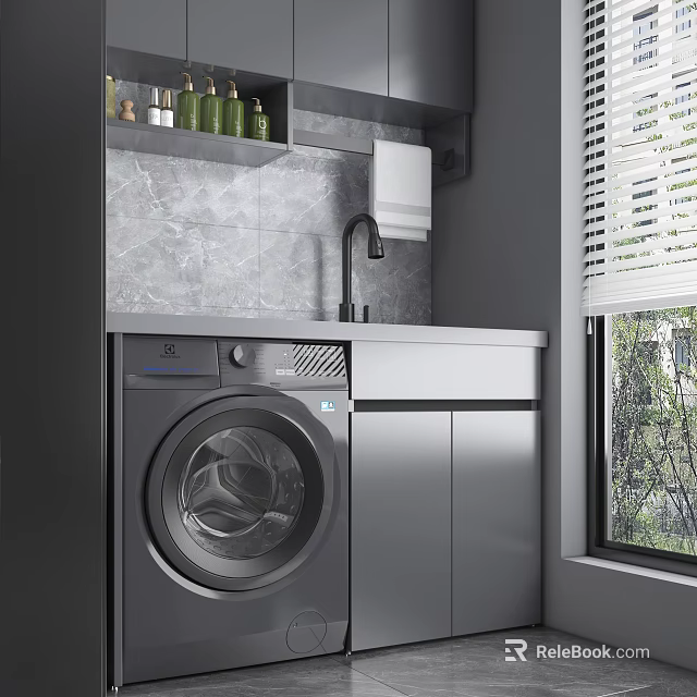 Home Balcony With Washing Machine Grey Cabinets Marble Wall Near Window With Blinds 3d model 