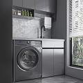 Home Balcony With Washing Machine Grey Cabinets Marble Wall Near Window With Blinds