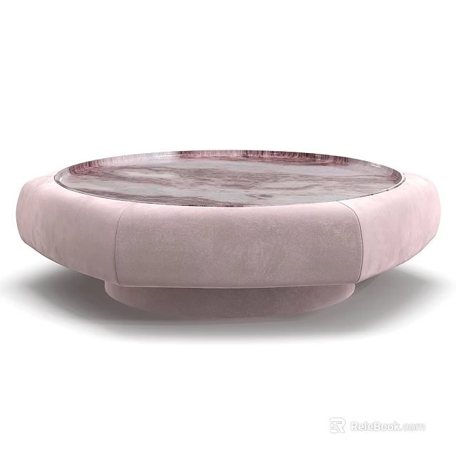 Modern Round Coffee Table with Marble Top and Pink Upholstered Base 3d model 