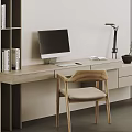 Modern Home Office Desk and Chair Set with Bookshelf Computer Desk Lamp and Potted Plant
