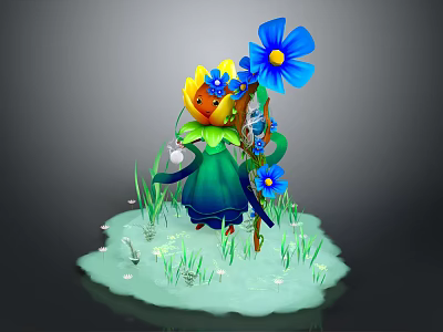Flower Fairy Character Wearing Green Dress Holding Blue Yellow Flowers Standing On Grass Wetland 3d model