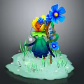 Flower Fairy Character Wearing Green Dress Holding Blue Yellow Flowers Standing On Grass Wetland