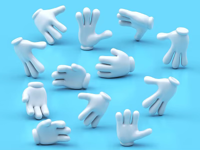 White Hand Shaped Decorative Ornament Set with Various Poses on Blue Background 3d model