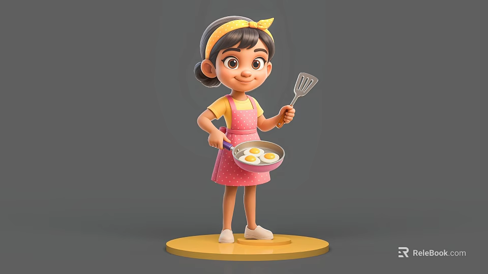 Woman With Yellow Headband And Pink Apron Holding Frying Pan With Fried Eggs 3d model 
