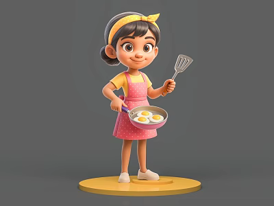 Woman With Yellow Headband And Pink Apron Holding Frying Pan With Fried Eggs 3d model