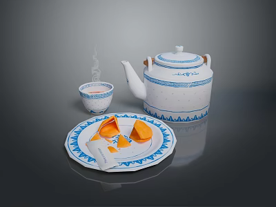 Blue And White Ceramic Tableware Set Including Teapot Teacup And Plate With Fruit Slices 3d model