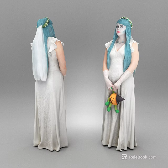 Woman In Halloween Costume With Blue Hair Flower Crown White Dress And Pumpkin Doll 3d model 