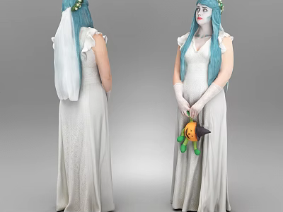 Woman In Halloween Costume With Blue Hair Flower Crown White Dress And Pumpkin Doll 3d model