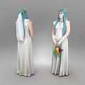Woman In Halloween Costume With Blue Hair Flower Crown White Dress And Pumpkin Doll