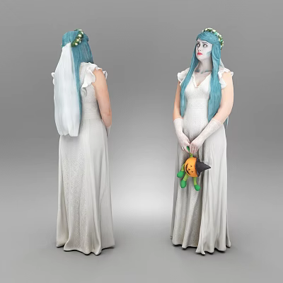 Woman In Halloween Costume With Blue Hair Flower Crown White Dress And Pumpkin Doll 3d model