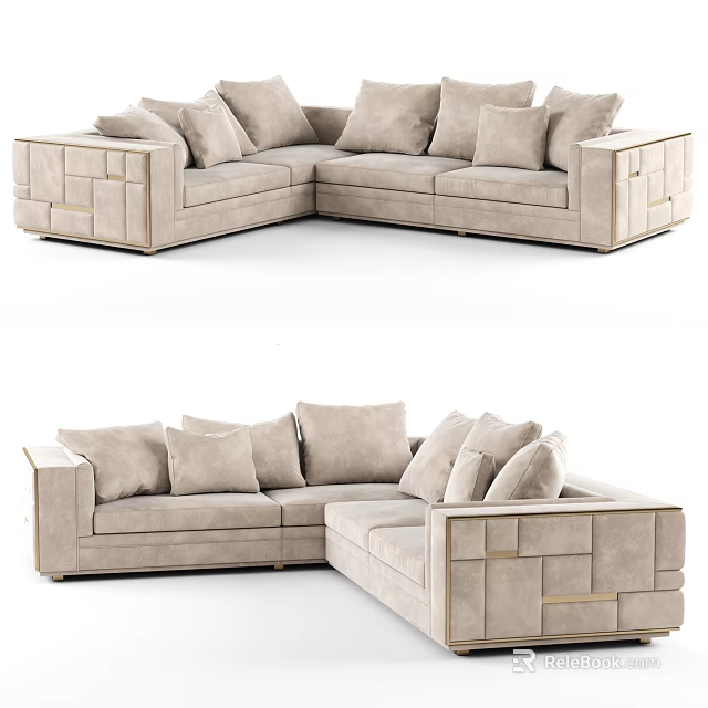 Modern Beige Upholstered Sectional Sofa With Multiple Cushions And Square Arms 3d model