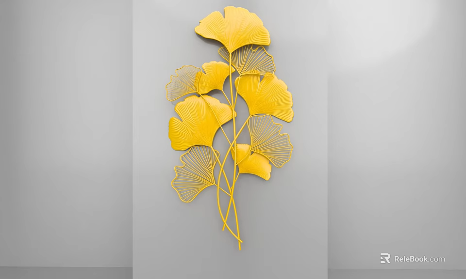Golden Ginkgo Leaf Metallic Wall Decor With Three Dimensional Intricate Vein Design For Home Interior 3d model 