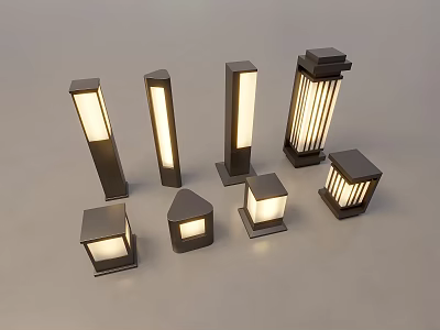 Outdoor Lights Various Columnar Square Shaped and Grille Design Styles Illuminated on Gray Background 3d model