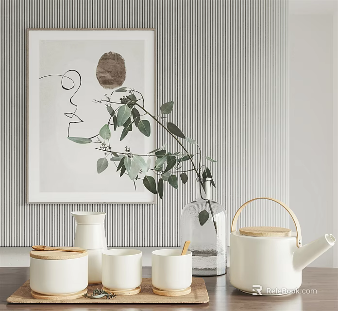 Elegant White Tea Set With Lidded Containers Glass Vase And Green Eucalyptus Leaves 3d model 