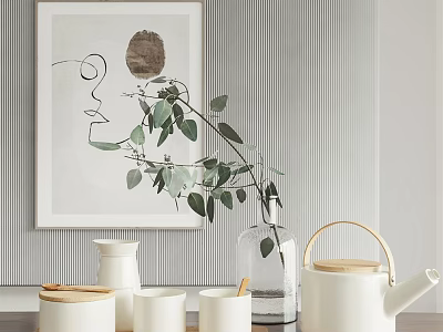 Elegant White Tea Set With Lidded Containers Glass Vase And Green Eucalyptus Leaves 3d model