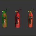 Three Red Fire Extinguishers with Yellow Nozzles on Black Reflective Surface