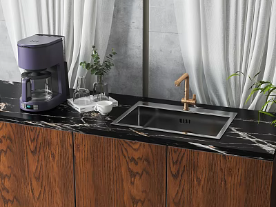 Stainless Steel Kitchen Sink With Gold Faucet On Black Marble Countertop 3d model