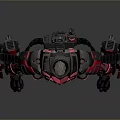 Futuristic Warrior Character In Black And Pink Mechanical Armor With Large Guns