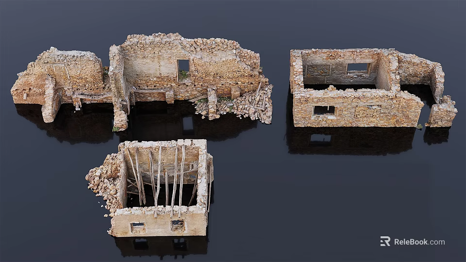 Ancient Stone Building Ruins Model With Damaged Walls And Window Frames On Black Reflective Background 3d model 