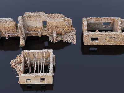 Ancient Stone Building Ruins Model With Damaged Walls And Window Frames On Black Reflective Background 3d model