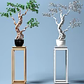 Decorative Bonsai Ornament Set with Green Silver Leaves Brown White Trunks and Pots on Stands