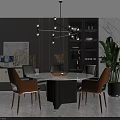 Modern Round Dining Table Set With Marble Top Black Base And Woven Chairs 3d model