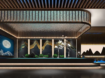 Modern SPA Sauna Interior With Moon Decoration Mountain Pattern Water Green Plants And Lighting 3d model