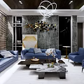 Modern Living Room Interior With Blue Sofas Accent Chairs Coffee Table TV And Chandelier