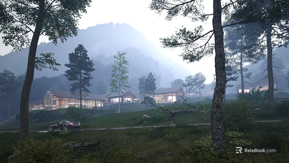 Misty Mountain Retreat Area With Forest Trees Green Grass Winding Path And Parked Car 3d model 