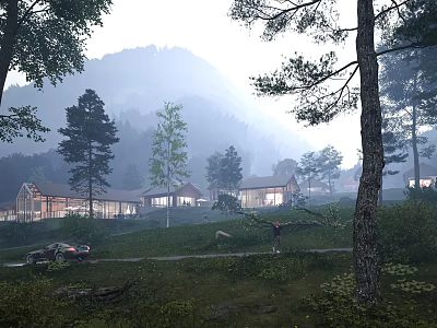 Misty Mountain Retreat Area With Forest Trees Green Grass Winding Path And Parked Car 3d model