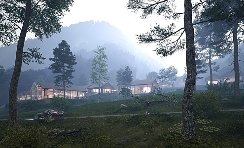 Forest Mountain Homestay Wooden House Building 3d model