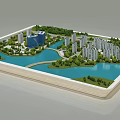 Urban Planning Model Featuring Tall Buildings Water Area Roads And Greenery