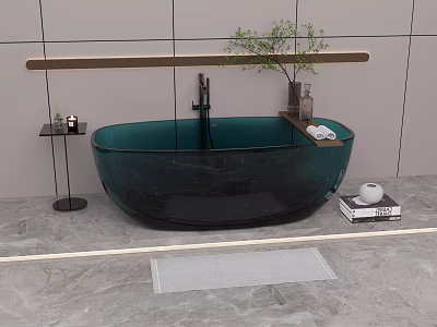 Elegant Green Glass Bathtub In Modern Bathroom With Plant Towel Mat And Gray Wall 3d model