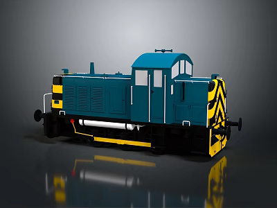 Blue And Yellow Model Train Locomotive With Black Stripes And Shiny 3d model