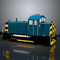 Blue And Yellow Model Train Locomotive With Black Stripes And Shiny