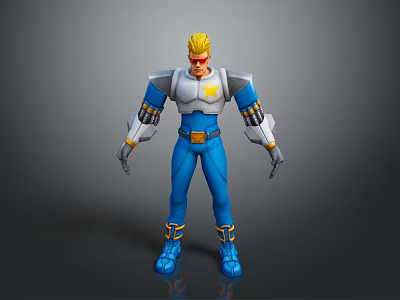 Superhero Man With Blonde Hair Blue Uniform White Torso Star Emblem And Mechanical Arms 3d model