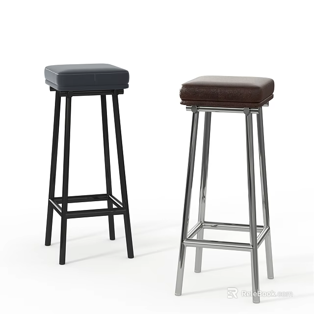 Modern Bar Stools with Black and Silver Metal Frames and Gray Brown Cushions 3d model
