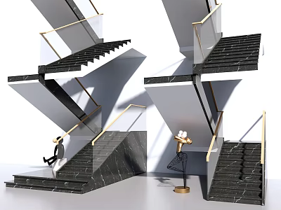 Modern Marble Stairs With Gold Railings In Elegant Interior Design 3d model