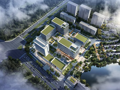 Aerial View Planning of Modern Buildings With Green Rooftops Surrounded By Trees And Lake 3d model