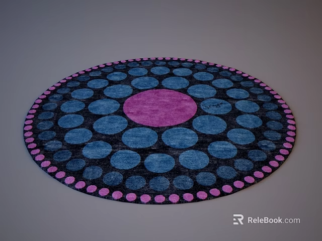 Decorative Round Area Rug With Blue Circles Pink Center And Pink Border Dots 3d model 