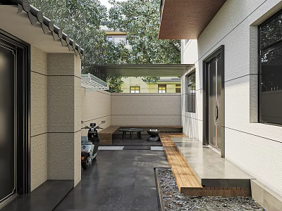 Serene Modern Courtyard Garden Landscape With Lush Trees Stone Pavement And Wooden Bench 3d model