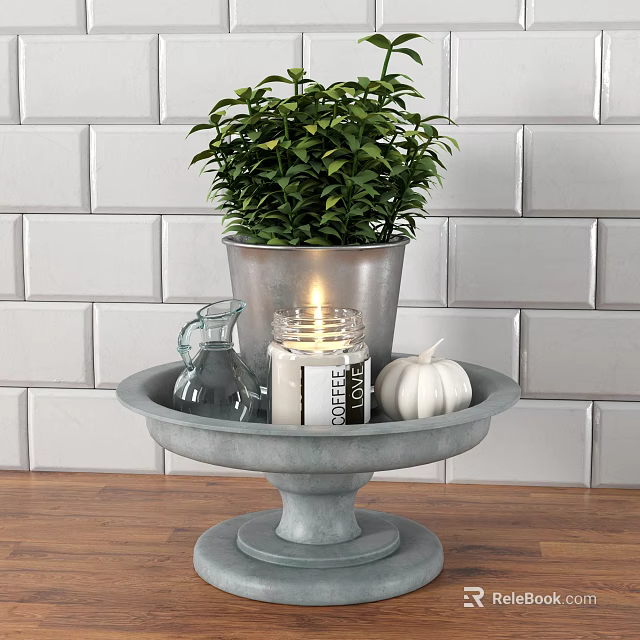 Candle Lamp On Gray Tray With Green Plant Glass Jug Pumpkin Against White Brick Wall 3d model 