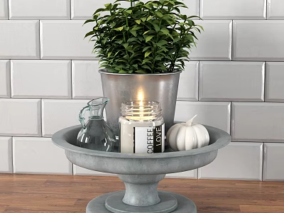 Candle Lamp On Gray Tray With Green Plant Glass Jug Pumpkin Against White Brick Wall 3d model