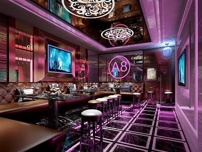 Modern Luxury KTV Lounge With Purple Lighting Bar Counter Sofas TV Screens A8 Logo 3d model