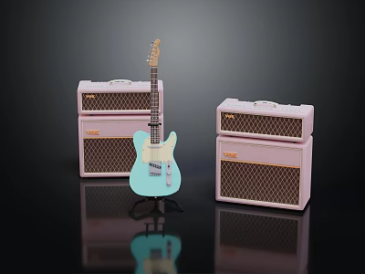Light Blue Electric Guitar With Two Pink Amplifiers On Dark Reflective Background 3d model
